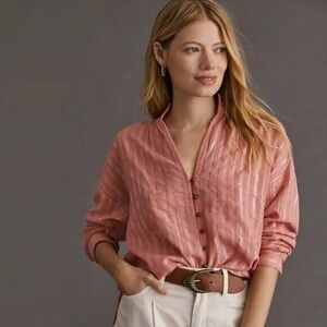 Pilcro Anthropologie Tavi Striped Oversized Button up In Coral Pink Small